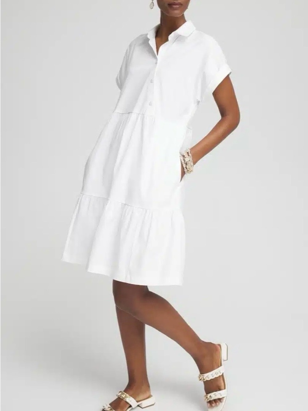 Chico’s White Tiered Shirt Dress Size 1 (US 8) Diagonal Button Front w/Pockets